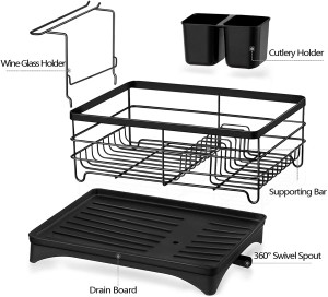 Решетка за сушење садови, Решетка за кујнски садови Одводник за садови со држач за прибор, одводна табла со прилагодлив вртлив излив за маса (црна)