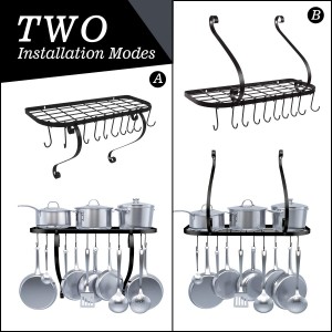 Wall Mount Pot Pan Rack, Kitchen Cookware Storage Organizer, 24 by 10 in with 10 Hooks, Black
