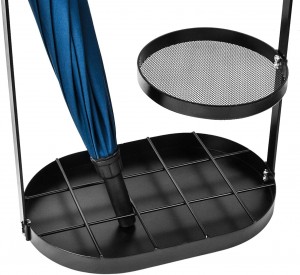 Rack de suporte de guarda-chuva de metal preto, suporte de armazenamento de guarda-chuva montado, prateleira de balde base de entrada independente bandeja de gotejamento longo e curto guarda-chuva dobrável para escritório doméstico