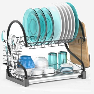 Dish Drying Rack, 2 Tier Dish Rack with Removable Drain Board Dish Drainer Utensil Holder, Cutting Board Holder for Kitchen Countertop, Black