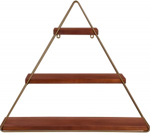 Tilde Small Three Tiered Triangle Floating Metal Wall Shelf, Walnut Brown and Gold