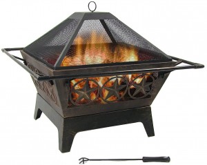 Northern Galaxy Outdoor Fire Pit – 32 Inch Large Square Wood Burning Patio & Backyard Firepit for Outside with Cooking BBQ Grill Grate, Spark Screen, and Fireplace Poker