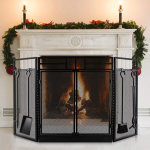 Fireplace Screen with Doors Large Flat Guard Fire Screens With Tools Outdoor Metal Decorative Mesh Solid Baby Safe Proof Wrought Iron Fire Place Panels Wood Burning Stove Accessories Black