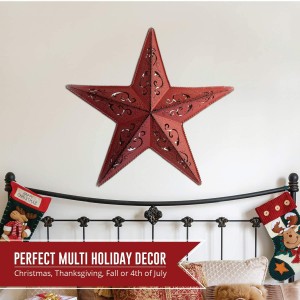 RED LACY METAL BARN STAR 24″ – rustik utskuren stil lantlig inomhus utomhus julheminredning.Interiör exteriör lacey metallstjärnor dekorationer ser bra ut hängande på husets väggar staket veranda