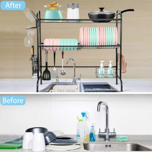 Over the Sink Dish Drying Rack, 2 Tier Large Stainless Steel Non-slip Dish Drying Rack with Utensil Holder Hooks for Kitchen Counter