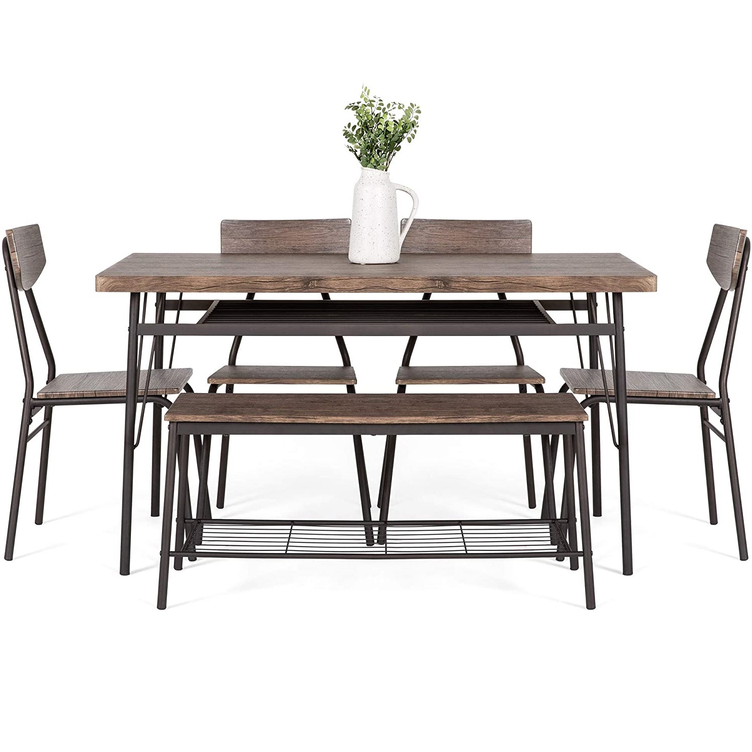 6-Piece 55in Modern Home Dining Set w/Storage Racks, Rectangular Table, Bench, 4 Chairs – Brown Featured Image