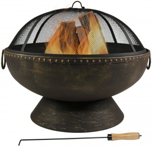 30 Inch Large Round Wood Burning Patio & Backyard Firepit for Outside with Spark Screen, Fireplace Poker, and Metal Grate