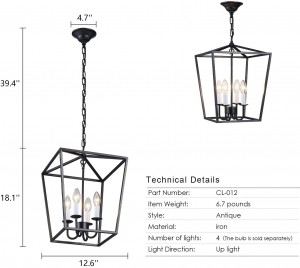 Lantern Pendant Light Industrial Vintage Lantern Iron Cage Hanging with 4 E12 Bulbs Lantern Chandelier for Traditional Dining Room Bar Cafe, Matte Black