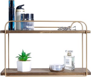Modern Wood & Brass Tone Metal Floating Storage Shelf / 2-Tier Bathroom Vanity Organizer Rack