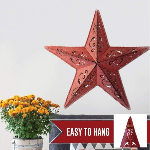 RED LACY METAL BARN STAR 24″ – rustic cut out style country indoor outdoor Christmas home decor. Interior exterior lacey metal stars decorations look great hanging on house walls fence porch