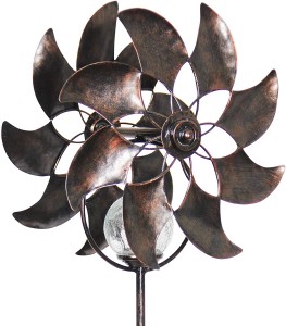 Bronze Flowers Double Windmill w/Solar-powered Crackle Ball Yard Stake – Solar Flowers Pinwheel Metal Stake, Metal Flowers Wind Spinner, Kinetic Art Garden Spinner, 8″ L x 7″ W x 42″ H