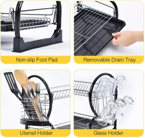 2-Tier Dish Rack,Easy Assemble Large Capacity Dish Drying Rack with Side Mounted Utensil Holder and Cup Holder, Organizing Dishes Kitchen Counter Top or Sink Side