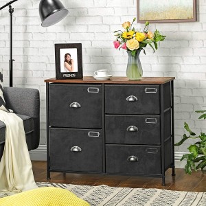 Wide Dresser, Fabric Drawer Dresser with 5 Drawers, Industrial Closet Storage Drawers with Metal Frame, Wooden Top, Closet Organizer for Hallway, Nursery, Rustic Brown and Black ULVT05H