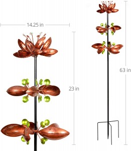 Triple Lotus Flower Vertical Wind Spinners Garden Stake in Bronze – 3 Flower Spinners in Bronze Metal Finish Spin – Yard Art Décor, 14 by 66 Inches