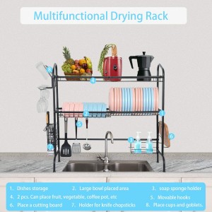 Over the Sink Dish Drying Rack, 2 Tier Large Stainless Steel Non-slip Dish Drying Rack with Utensil Holder Hooks for Kitchen Counter