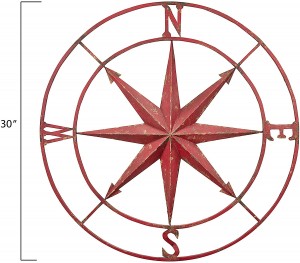Dekorativ dumaloq metall kompas devor bezaklari, 30 ″, qizil