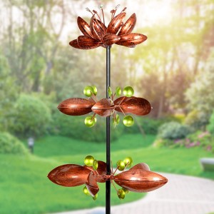 Triple Lotus Flower Vertical Wind Spinners Garden Stake in Bronze – 3 Flower Spinners in Bronze Metal Finish Spin – Yard Art Decor, 14 amin'ny 66 santimetatra