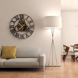 Jam Dinding Hiasan Besar, 24” Bulat Bersaiz Besar Angka Rom Centurian Gaya Moden Hiasan Rumah Ideal untuk Ruang Tamu, Jam Logam Emas Analog
