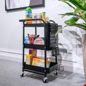 Metalen opslach rolling cart, 3-tier organisator cart mei útnimbere Pegboard haken en Utility Handle foar keuken Office Classroom, swart
