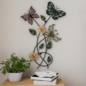Garden Metal Wall Art Hand Painted 3D Butterflies/Flowers for Modern Farmhouse Rustic Home or Office Decor