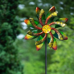 SLL1876 Gems-Kinetic Spinner-Outdoor Yard Art Decor-Green and Orange Alpine Dual Floral Windmill Stake, 65 Inch Tall