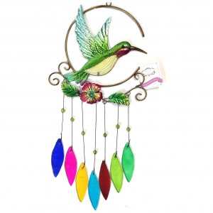 Bejeweled Display Unique Beautiful Hummingbird w/ Stained Glass Wind Chimes