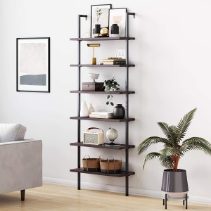 6-Shelf Tall Bookcase, Wall Mount Bookshelf with Natural Wood Finish and Industrial Metal Frame, Nutmeg/Matte Black