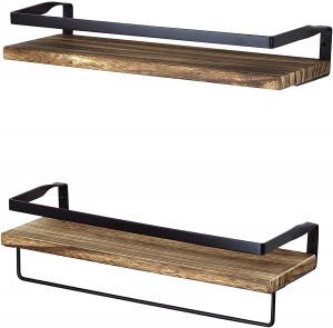 Rustic Floating Wall Shelves with Rails – Decorative Storage for Kitchen, Bathroom, and Bedroom – Elegant, Modern Shelving – Torched Paulownia Wood, Matte Black Metal Frame –...