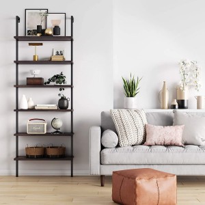 6-Shelf Tall Bookcase, Wall Mount Bookshelf with Natural Wood Finish and Industrial Metal Frame, Nutmeg/Matte Black