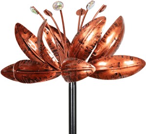 Potrójny kwiat lotosu Pionowe wiatraczki Stawka ogrodowa z brązu – 3 kwiatki z brązu Metalowe wykończenie Spin – Yard Art Décor, 14 na 66 cali