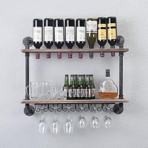 Industrial Rustic Wall Mounted Wine Racks with Glass Holder Pipe Hanging Wine Rack,2-Tiers Wood Shelf Floating Shelves,Home Room Living Room Kitchen Decor Display Rack (24inch)