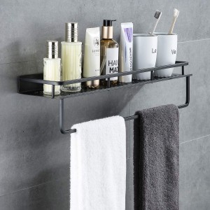 Paquete de 2 estantes de ducha de aluminio de 15 pulgadas con adhesivo, organizador de almacenamento montado na parede con barra de toallas, estantes resistentes e resistentes para baño, cociña, negro