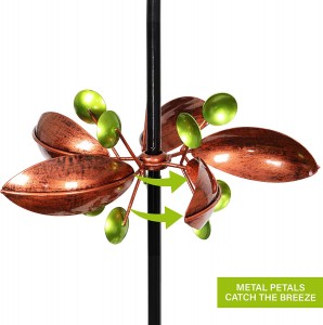 Triple Lotus Flower Vertical Wind Spinners Garden Stake in Bronze – 3 Paj Spinners in Bronze Hlau Finish Spin – Yard Art Décor, 14 by 66 Inches