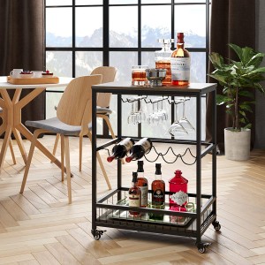 Wine Bar Cart, Simple Modern Beverage Cart with Wine Rack/Glass Holder, Rolling Serving Cart with Lockable Wheels for Home Kitchen, Wood and Metal Frame, Dark Brown