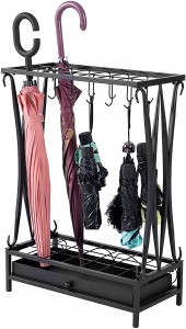 Modern Black Metal 21-Slot Freestanding Umbrella Stand Holder Storage Rack with 12 Hooks and Removable Base Drip Tray
