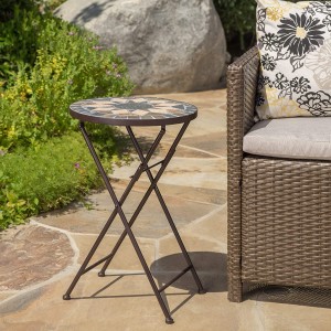 Accueil Silvester Outdoor Stone Table d'Appoint avec Cadre en Fer, Beige / Noir