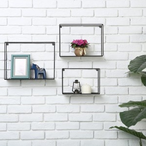 Mga Modernong Metal Wire Frame Shadow Box, Dekorasyon na Wire Cube Floating Shelf, Set ng 3, Itim