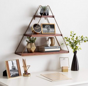 Tilde Small Three Tiered Triangle Floating Metal Wall Shelf, Walnut Brown and Gold