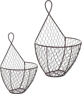 (Set of 2) Wall Mounted Brown Country Rustic Style Chicken Wire Metal Baskets/Hanging Display Holders