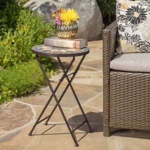 Home Silvester Outdoor Stone Side Table with the iron Frame, Beige / Black