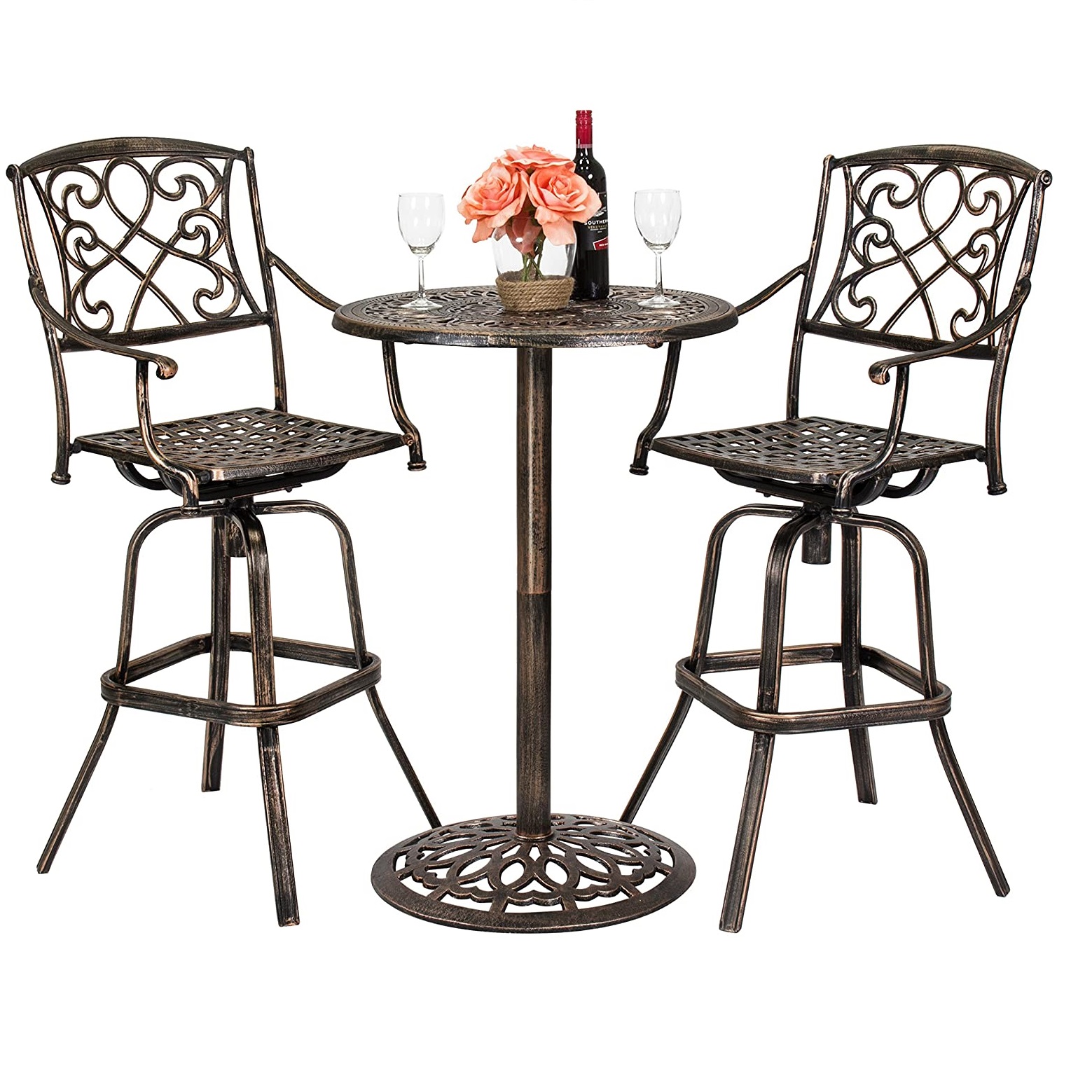 3-Piece Outdoor Cast Aluminum Bar Height Patio Bistro Set w/ 2 360-Swivel Chairs – Antique Copper Featured Image