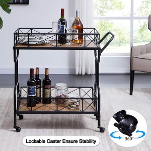 Kitchen Bar Cart on Wheels, Industrial Style Rolling Serving Bar Cart with Rack, Brown