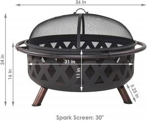 36 Inch Large Bonfire Wood Burning Patio & Backyard Firepit for Outside with Spark Screen, Poker, and Round Fireplace Cover, Black