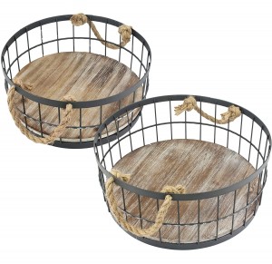  2pc Round Stackable Metal Wire and Wood Basket Set with Rope Handles, Rustic Decor for Home Storage, Decorative Serving Baskets for Weddings, Birthdays, and Holiday Parties