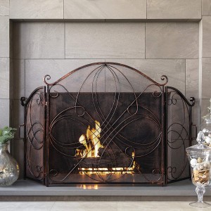 3-Panel 55x33in Solid Wrought Iron See-Through Metal Fireplace Screen, Spark Guard Safety Protector w/Decorative Scroll, Antique Copper Finish