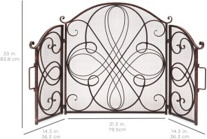 3-Panel 55x33in Solid Wrought Iron See-Through Metal Fireplace Screen, Spark Guard Safety Protector w/Decorative Scroll, Antique Copper Finish