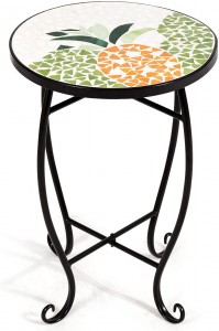 Mosaic Round Side Accent Table Patio Plant Stand Porch Beach Theme Balcony Back Deck Pool Decor Metal Cobalt Glass Top Indoor Outdoor Coffee End Table (Sweet Pineapple)
