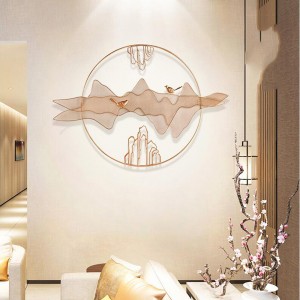 Decoració ornamental per penjar a la paret Accent Sky Mountain Cloud Birds Retrat escènic Cercle daurat Art metàl·lic per a l'oficina a casa Menjador interior Sala d'estar Dormitori Escultura 42 polzades