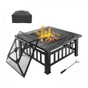 32″ Outdoor Fire Pit Heater/BBQ/Ice Pit 3 in 1 Metal Square Fire Bowl Table Backyard Patio Garden Fireplace with Fire Pit Cover+Poker BBQ+Grill