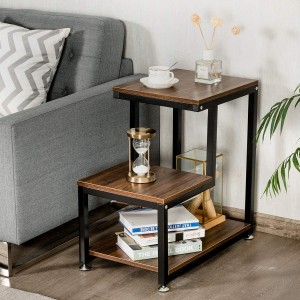 Sofa End Table, 3-Tier Nightstand with Storage Shelf, Sturdy Metal Frame, Ladder-Shaped Chair Side Table, Rustic Tabletop Industrial Storage Shelf for Living Room or Bedroom (Brown)